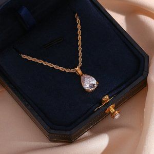 Zircon Water Drop Pendant Necklace‎ Rope Chain 18K Gold Plated Birth Stone